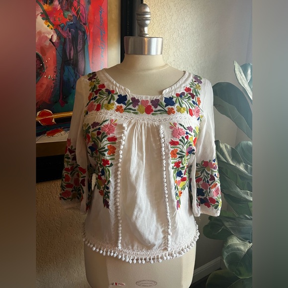 Anthropologie Vanessa Virginia Embroidered Cotton Pom Pom Peasant Top - Sz 2 - Picture 4 of 14